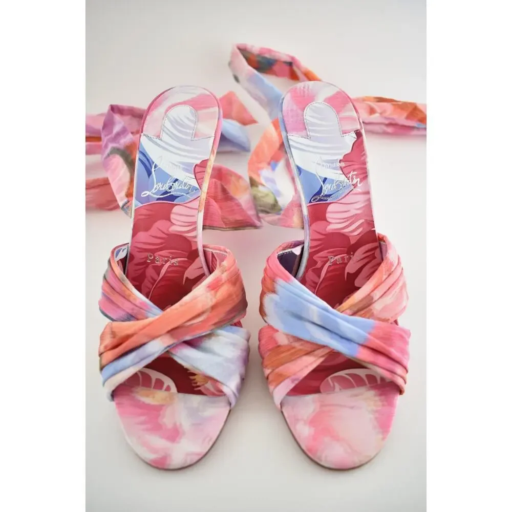 Christian Louboutin Affabula Lace Up 100 Pink Floral Tie Sandal Heel Pump 37